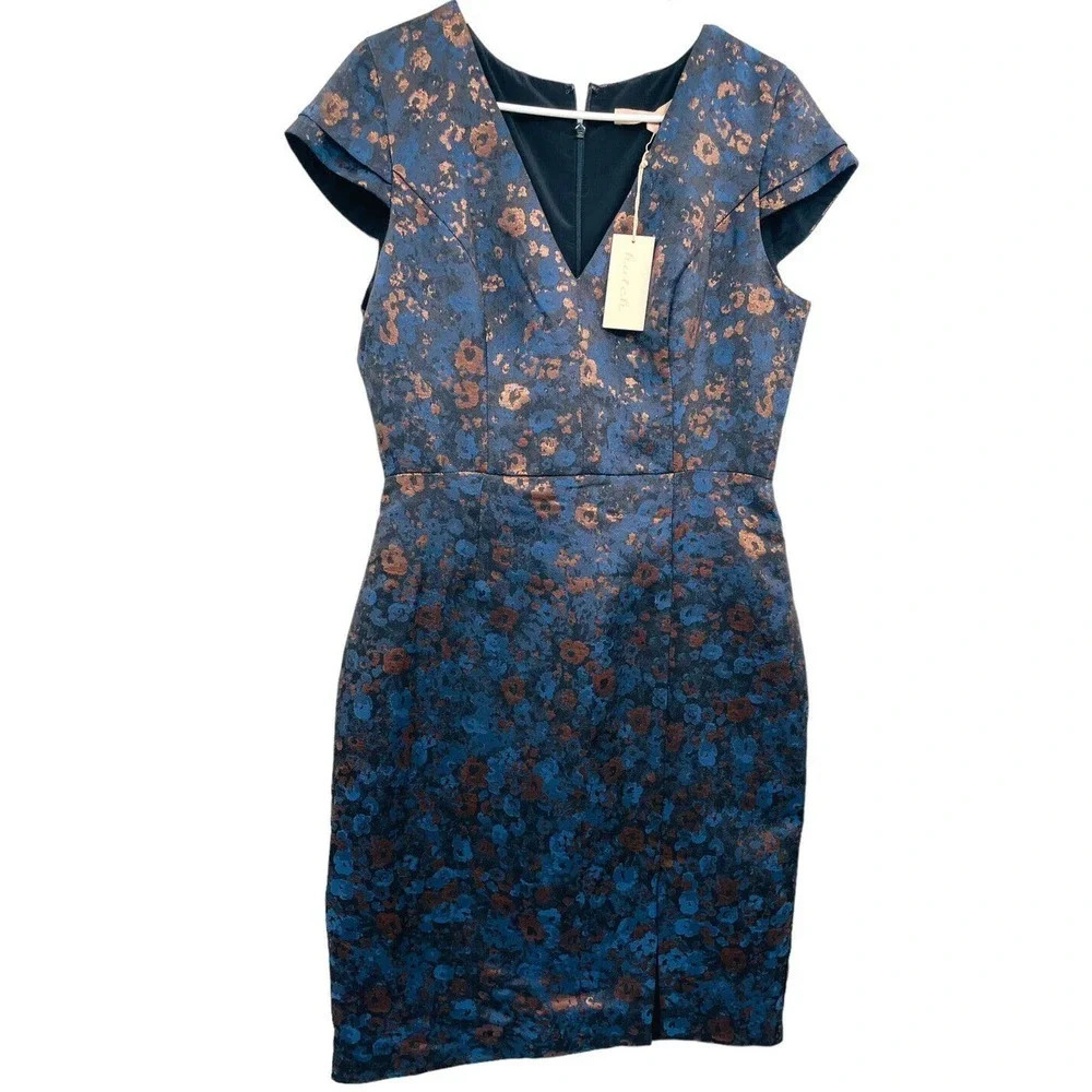Hutch Valerie Jacquard Dress V Neck Cap Sleeves Navy Blue Size 8